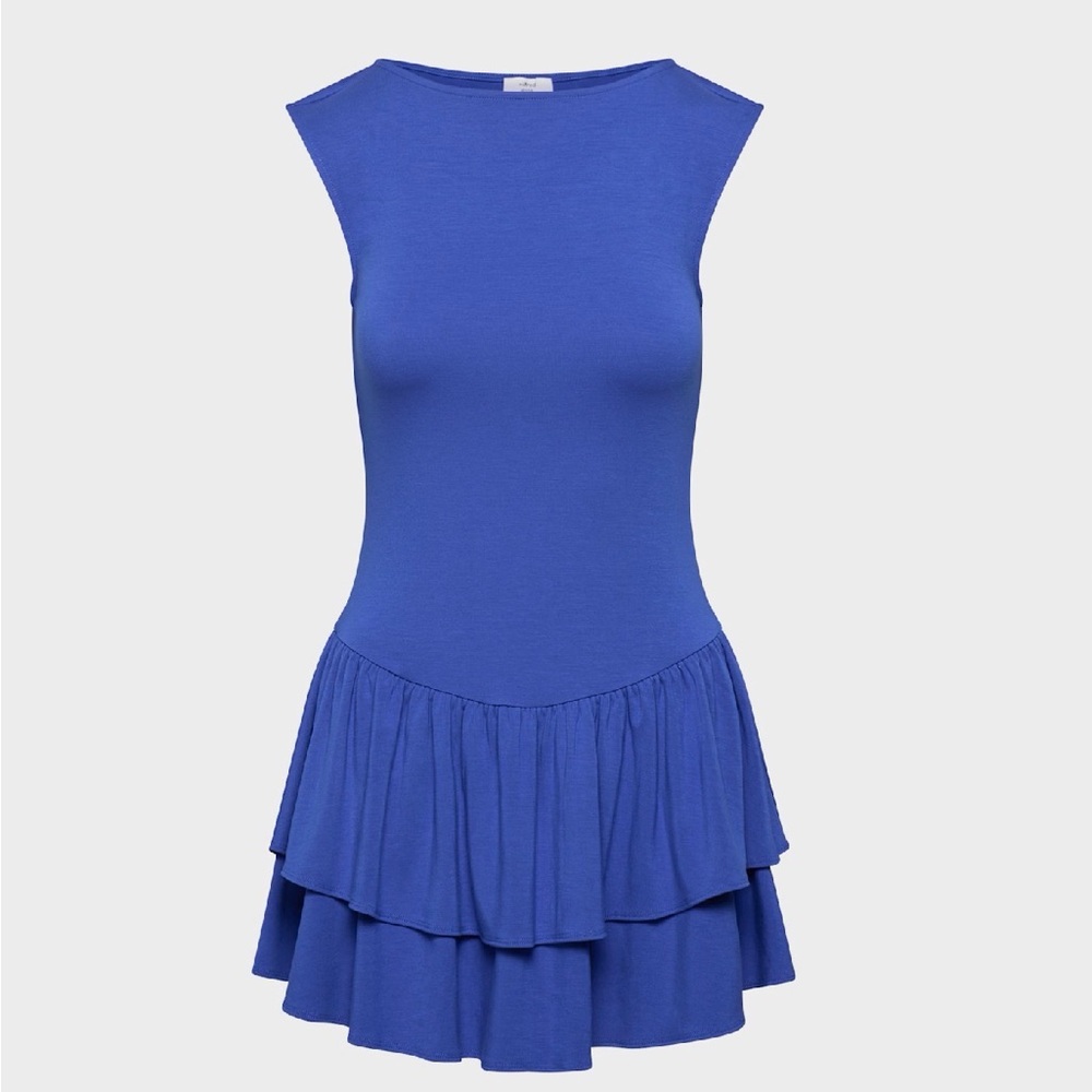 Blue Boatneck Dress with Ruffled Skirt
